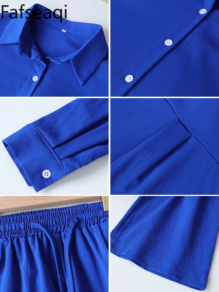 Spring Summer Blue Trouser Suit Set for Women Office Wear Chic Shirts Two Piece Suit Women Elegant Wide Pants Outfits Tracksu